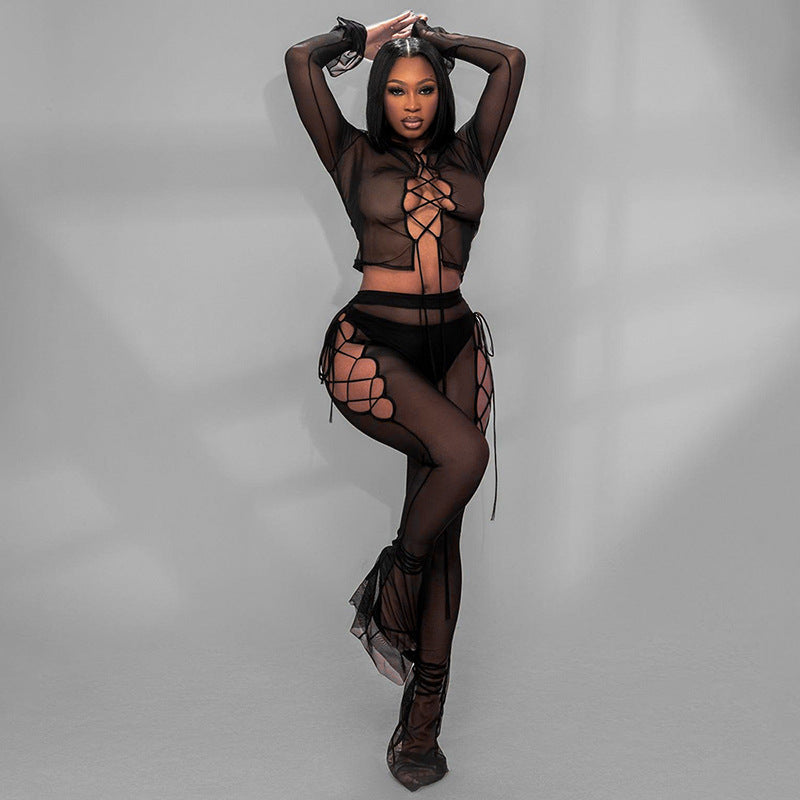 Sexy Lace-up See-through Mesh Top Trousers