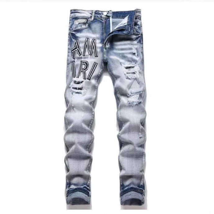 Men's Punk Retro Blue Ripped Slim Feet Jeans