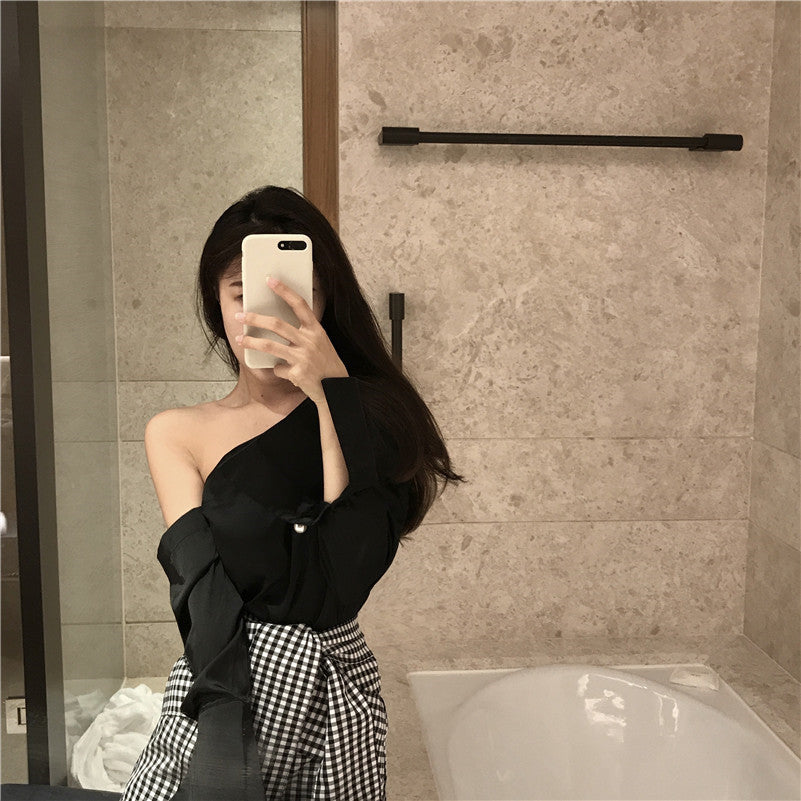 Long Sleeve Retro Irregular Slanted Shoulder Top