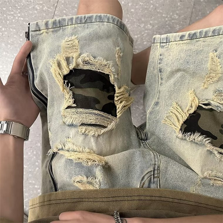 Men's Ripped Camouflage Denim Shorts