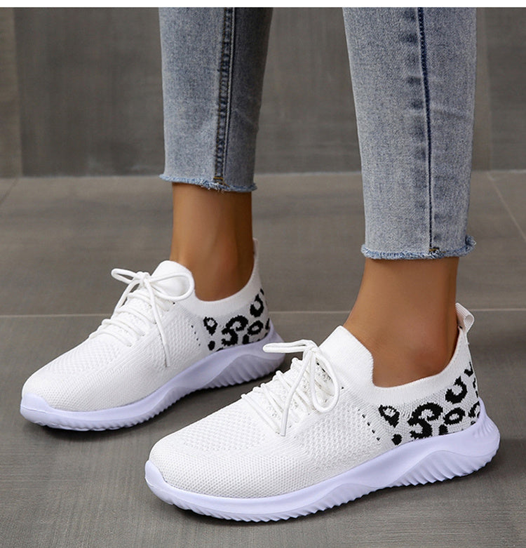 Nice White Shoes Women Leopard Print Lace-up Sneakers Sports