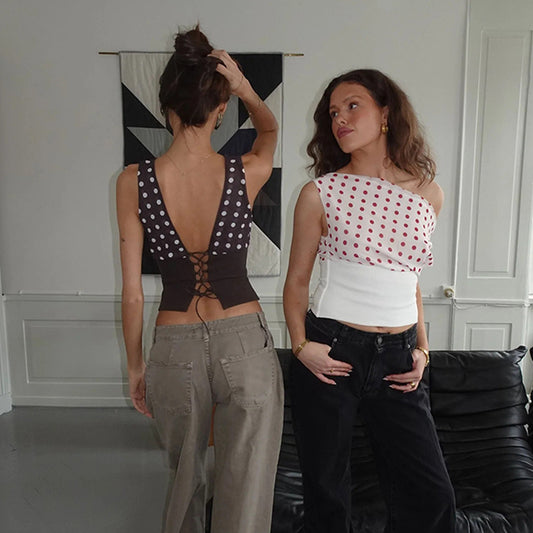 Polka Dots Oblique Shoulder Tops