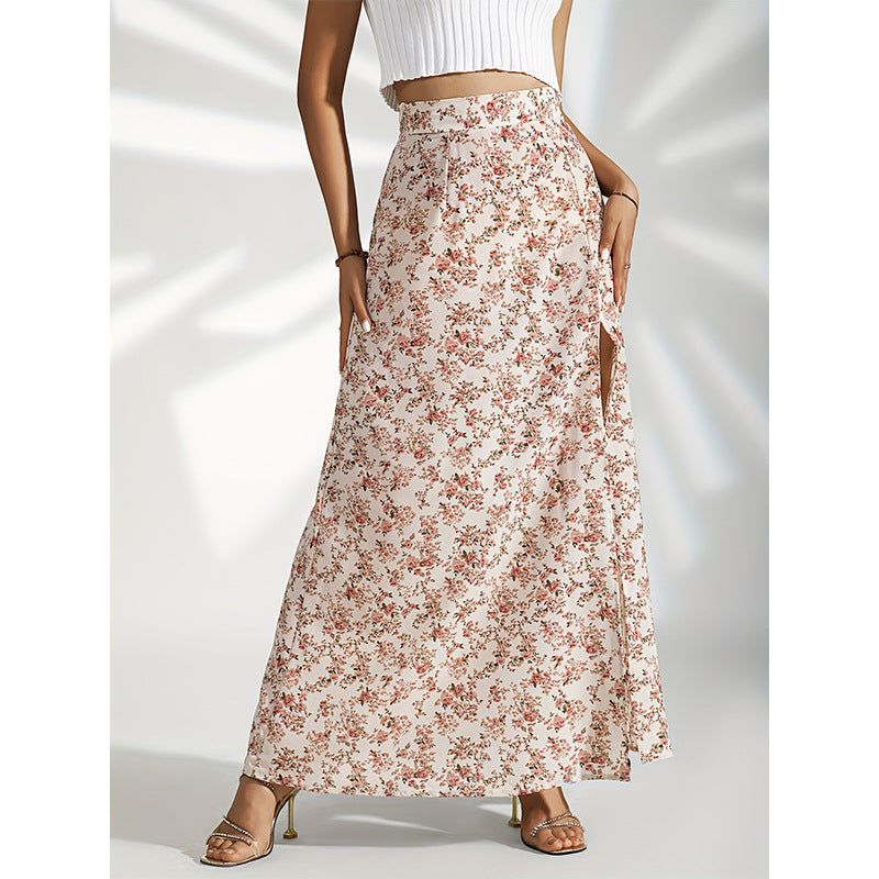 Ladie's Gentle High Waist Slit Floral Skirt