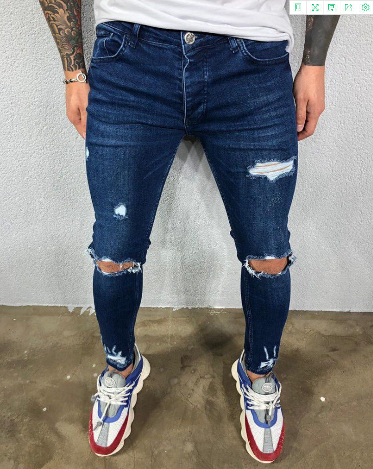 Men Jeans Black Blue Cool Skinny Knee Hole Ripped Stretch Slim