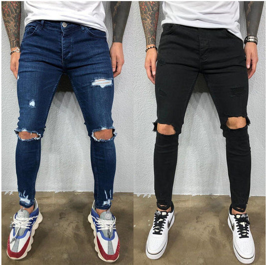Men Jeans Black Blue Cool Skinny Knee Hole Ripped Stretch Slim