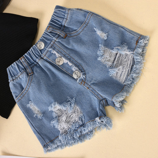 Sleeves Striped Top Ripped Denim Shorts Kids Suit