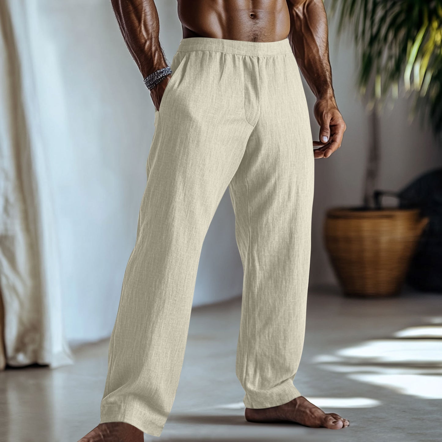 Cotton And Linen Casual Trousers With Pockets