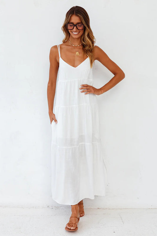 Polyester Carbell Maxi White Dress