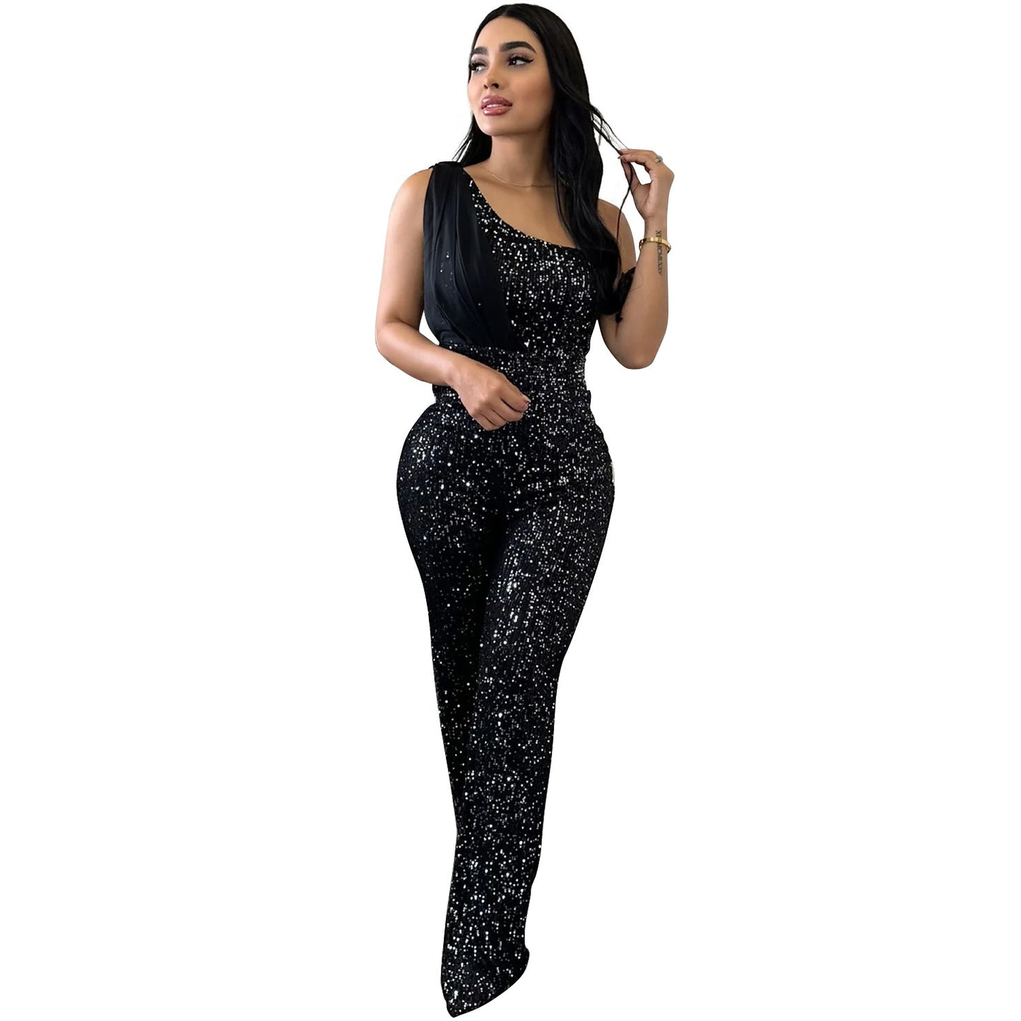 One-shoulder Sequined Trousers Jumpsuit