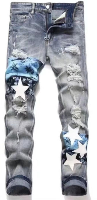 Men's Punk Retro Blue Ripped Slim Feet Jeans