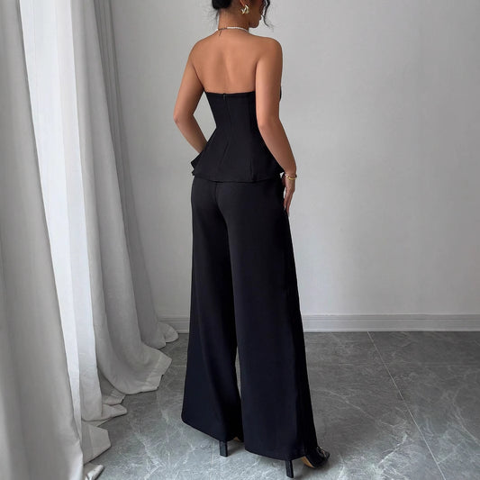 Women's Elegant Stitching Off-the-shoulder Vest Wide-leg Trousers