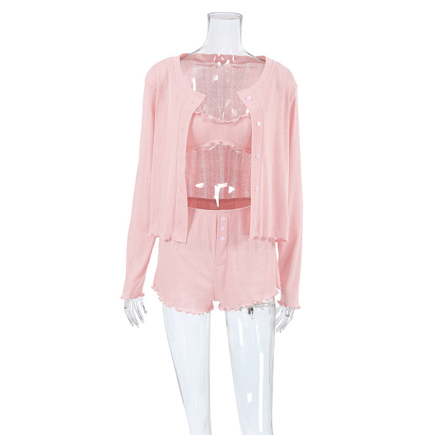 Cardigan Underwear Shorts Three-piece Pajamas