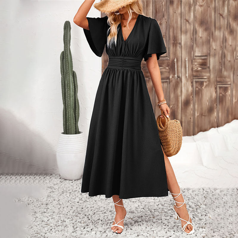 Elegant Women's Ruffle Sleeve Split Elastic Waist Polyester Dress