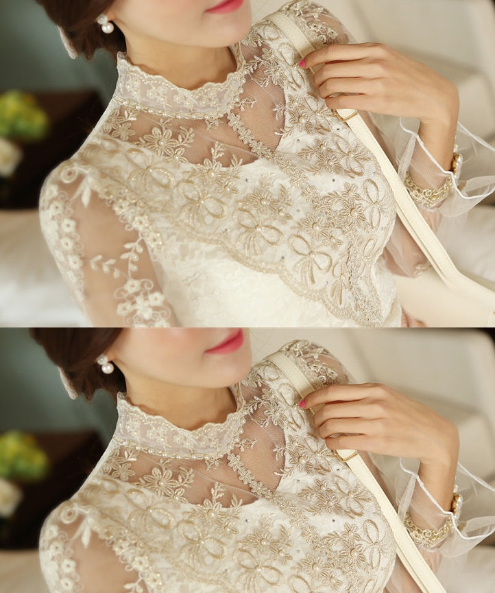 Mesh bottoming shirt women's long-sleeved lace new autumn stand collar blouse lace top Slim