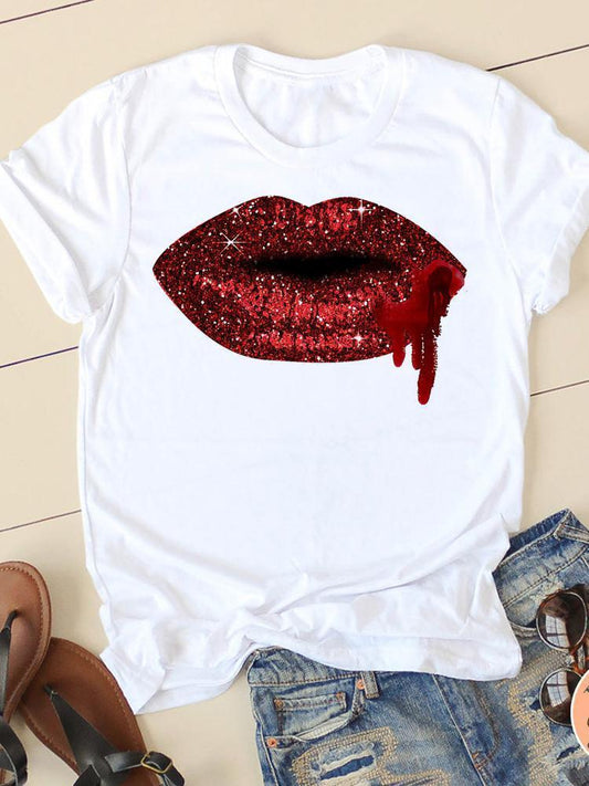 Lip 3D Pattern Round Neck T-shirt