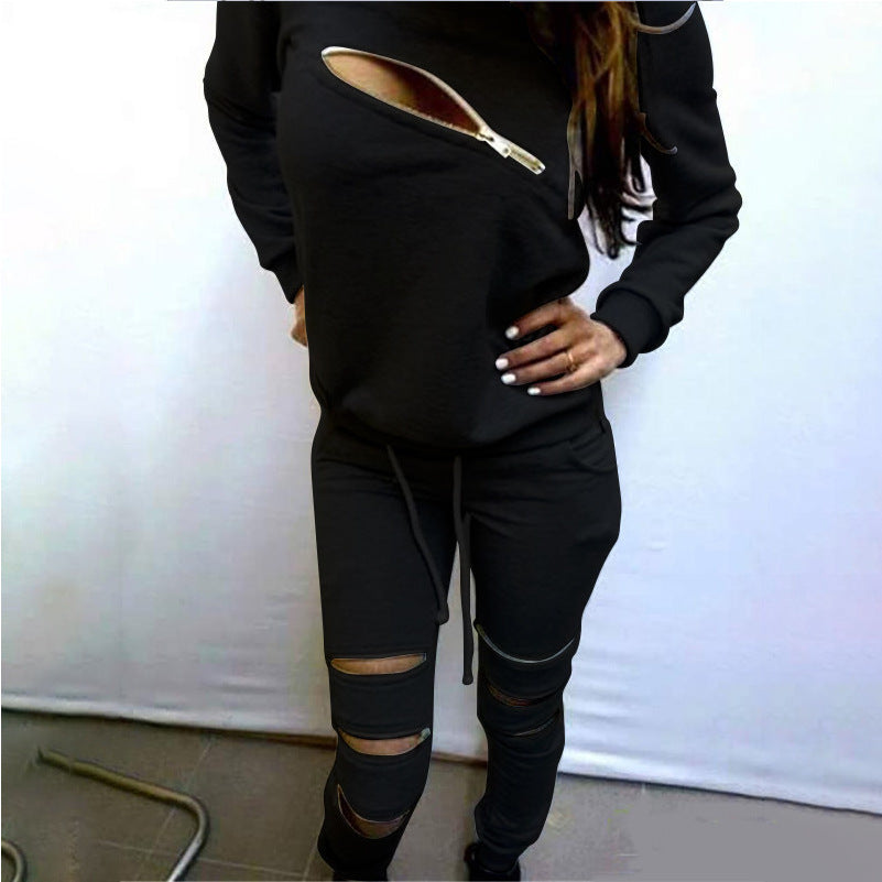 Sexy zipper plus velvet long sleeve sweater suit