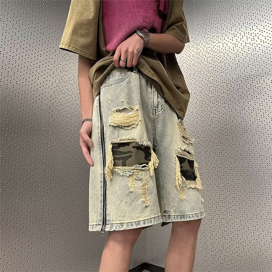 Men's Ripped Camouflage Denim Shorts