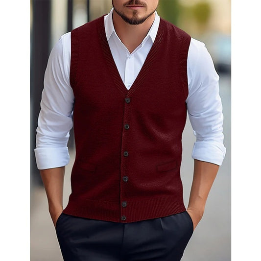 Sleeveless Wool Knit Cardigan Men's Vest