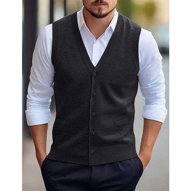 Sleeveless Wool Knit Cardigan Men's Vest