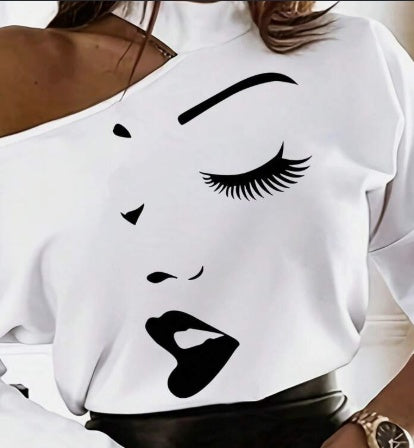 Women's White Long Sleeve Cartoon Tops