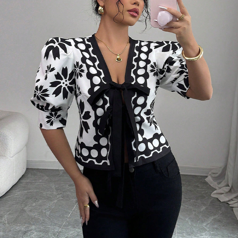 New French Pattern Lantern Half Sleeve Shirt