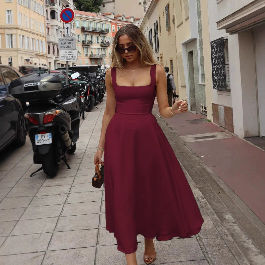 Square-neck Waist Trimming Sling Dress