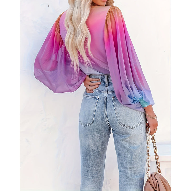 Womens V Neck Gradient Color Long Sleeve