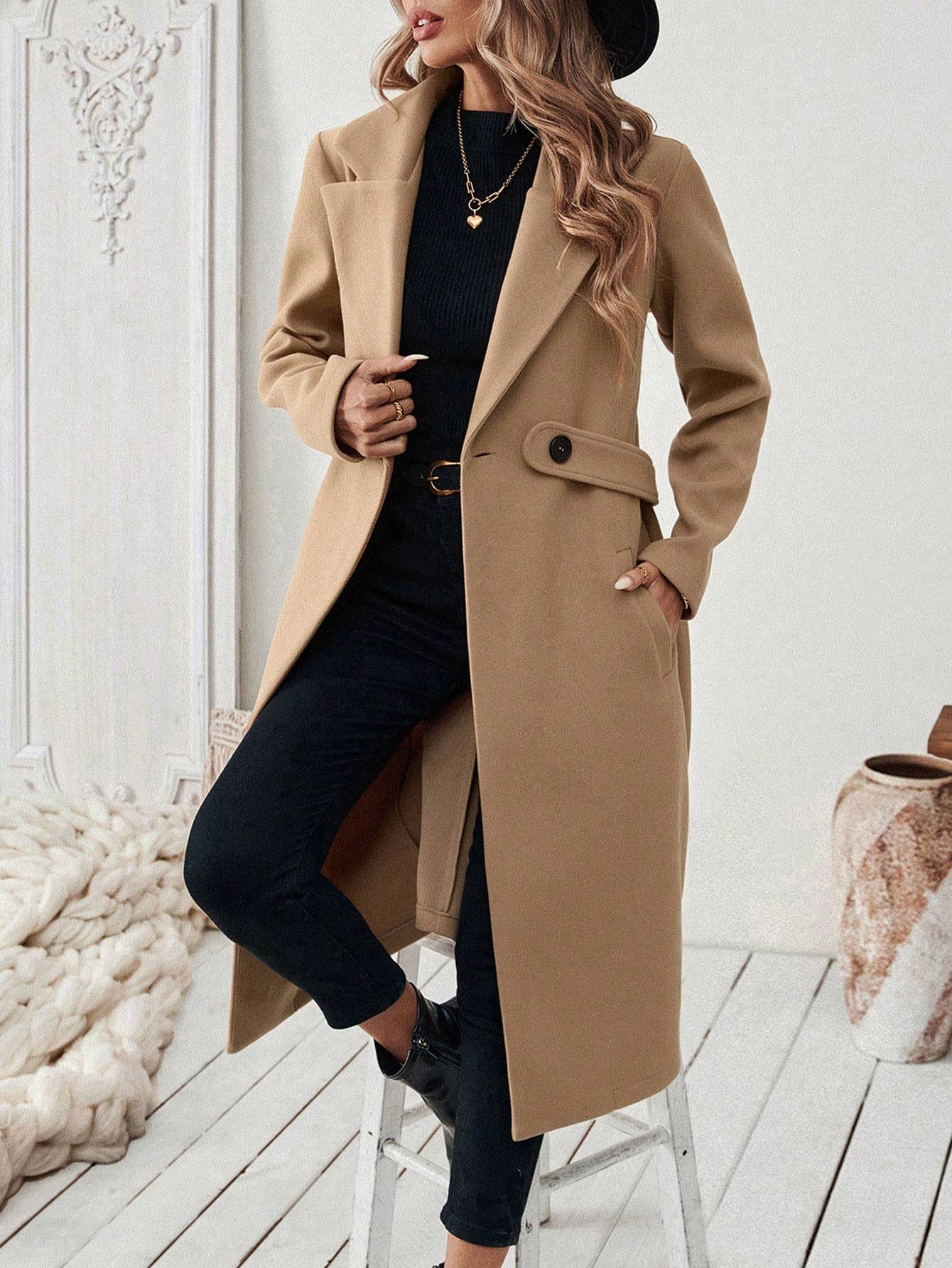 Flat Collar Pocket With Belt Long Coat Jacket