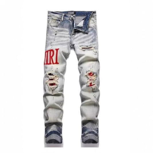 Men's Punk Retro Blue Ripped Slim Feet Jeans