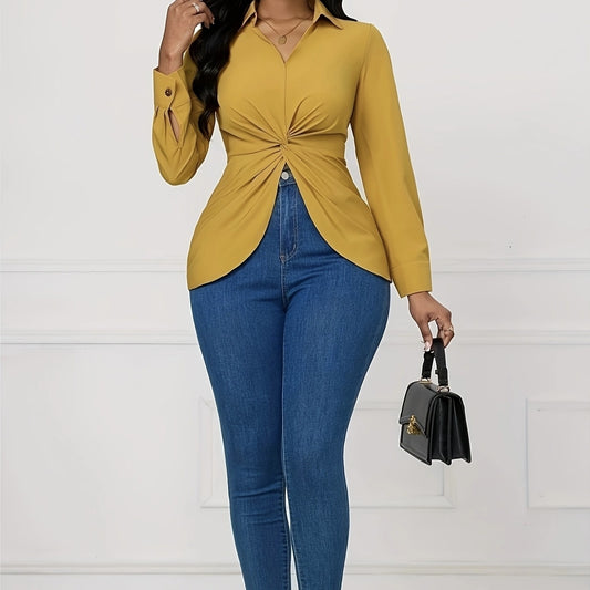Women's Solid V-neck Knot Long Sleeved Shirt