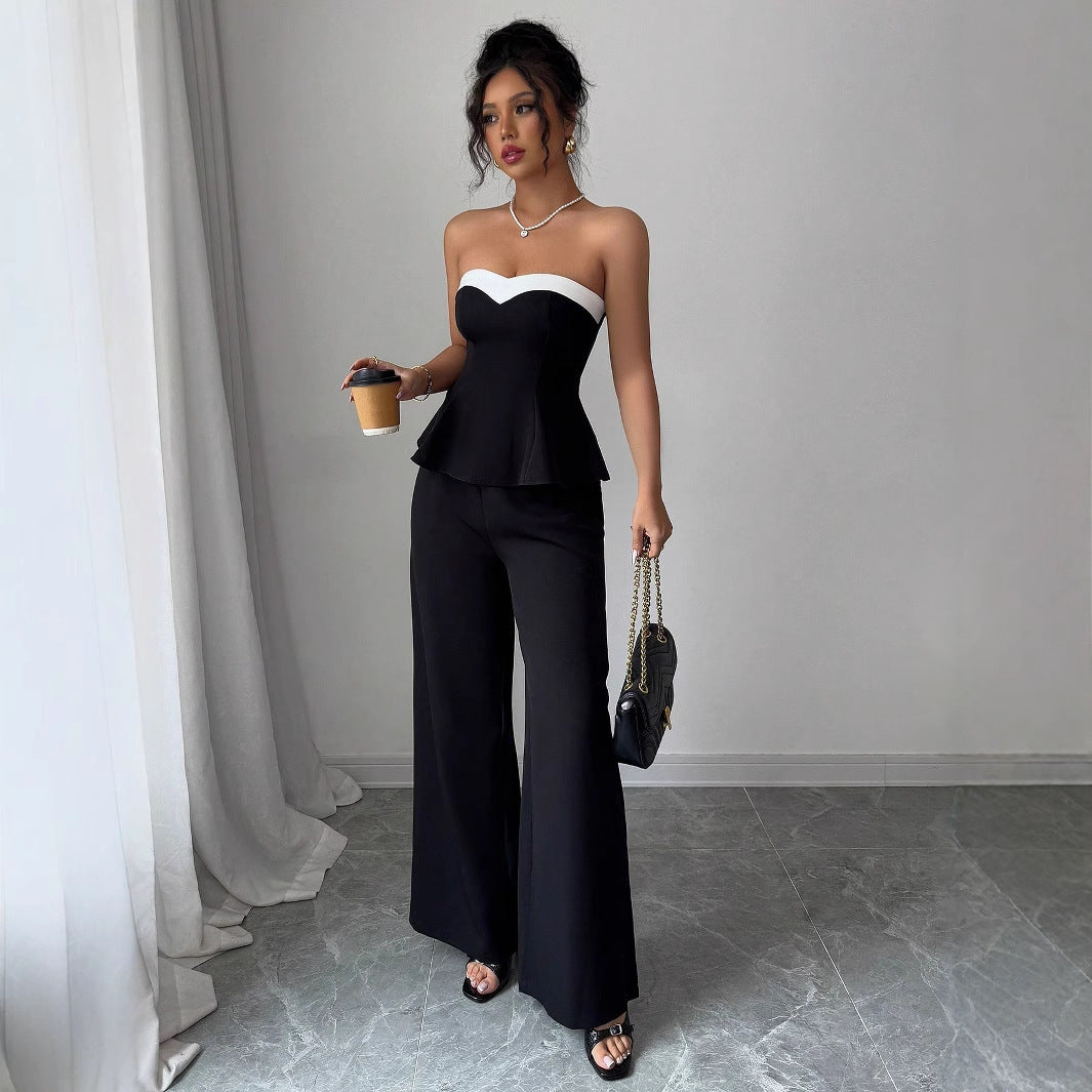 Women's Elegant Stitching Off-the-shoulder Vest Wide-leg Trousers