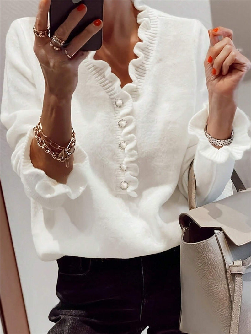 Winter V-neck Ruffled Knitted Sweater Long-sleeved Tops