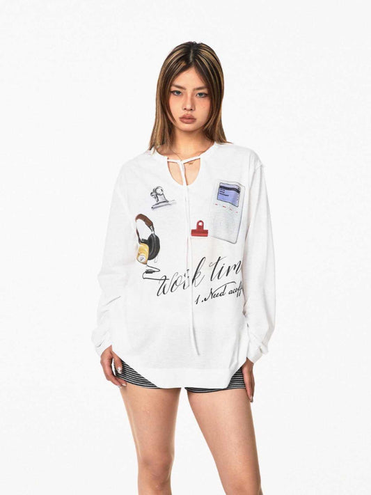 Lace Up V-neck Long-sleeved T-shirt