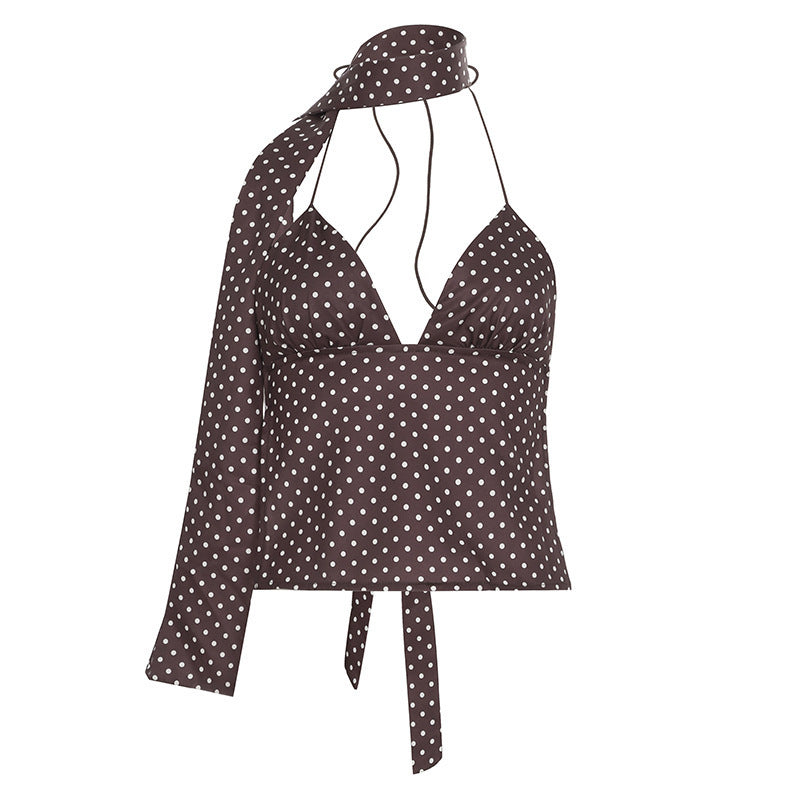 Polka Dot Halter Ribbon Shoulder Backless Wild Vest
