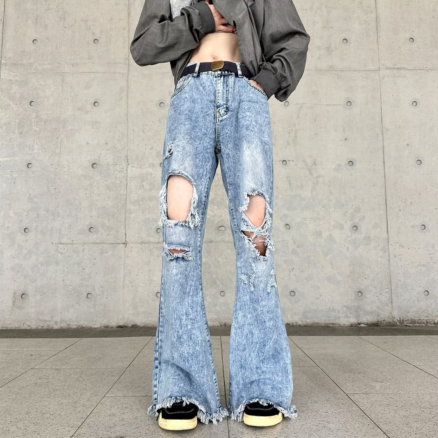 Men's Retro Make Old Ripped Slim-fit Blue Jeans