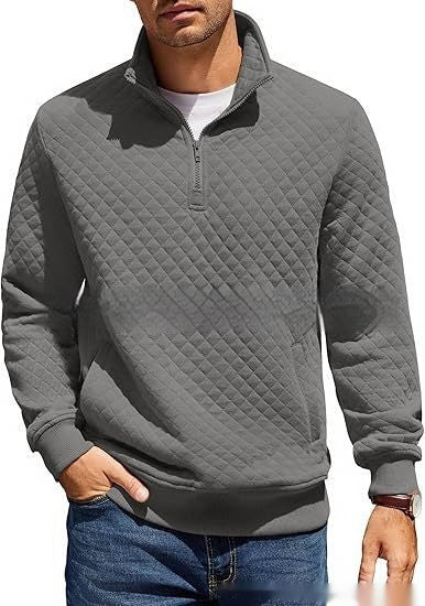 Men's Long Sleeve Knitted Zip Pullover Plaid Sweatshirt