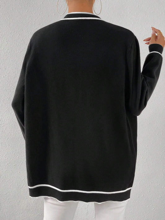 Striped Trim Dual Pocket Cardigan Long Sleeve Tops