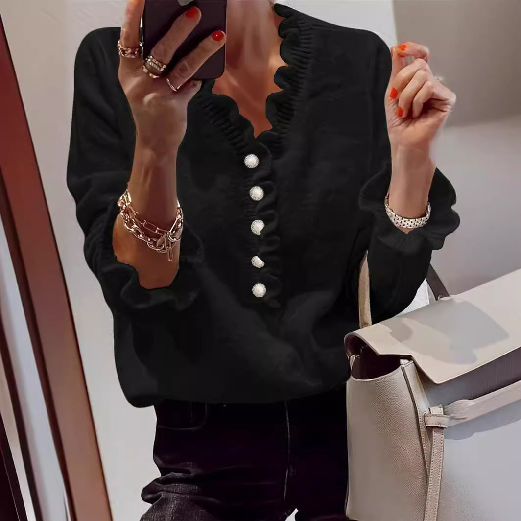 Winter V-neck Ruffled Knitted Sweater Long-sleeved Tops