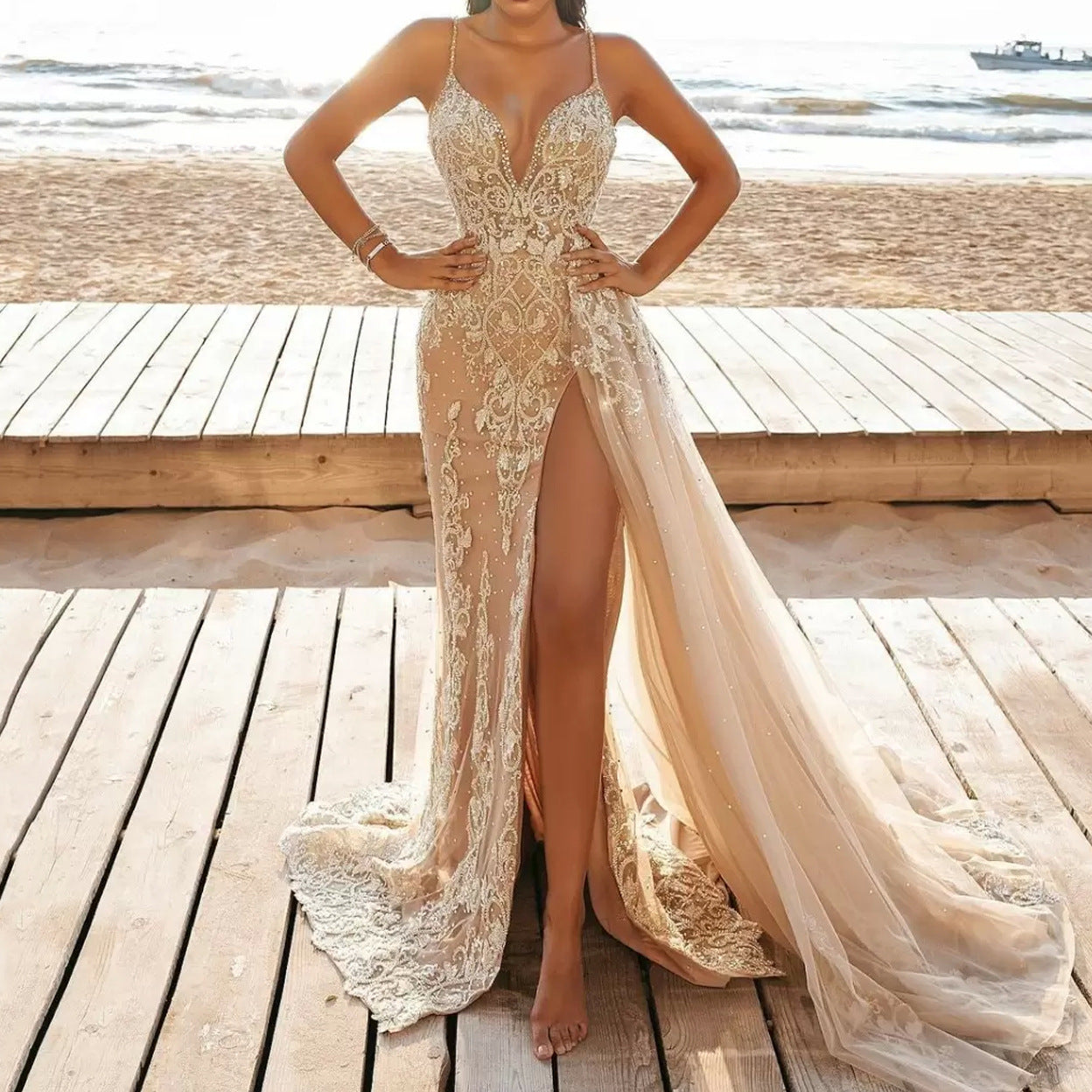 Sling Sleeveless Slit Lace Hollow Out Dress