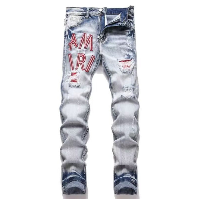 Men's Punk Retro Blue Ripped Slim Feet Jeans
