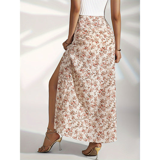 Ladie's Gentle High Waist Slit Floral Skirt