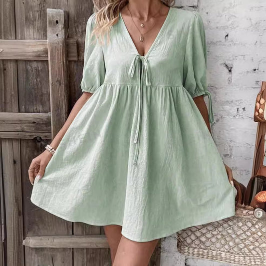 Deep V-neck Design Chest Lace-up A- Line Dress