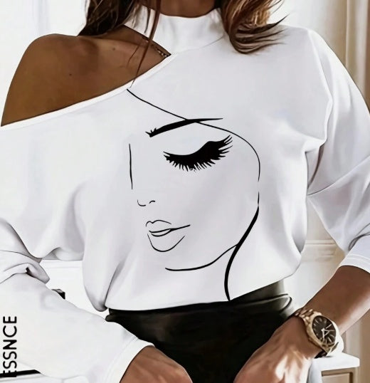 Women's White Long Sleeve Cartoon Tops