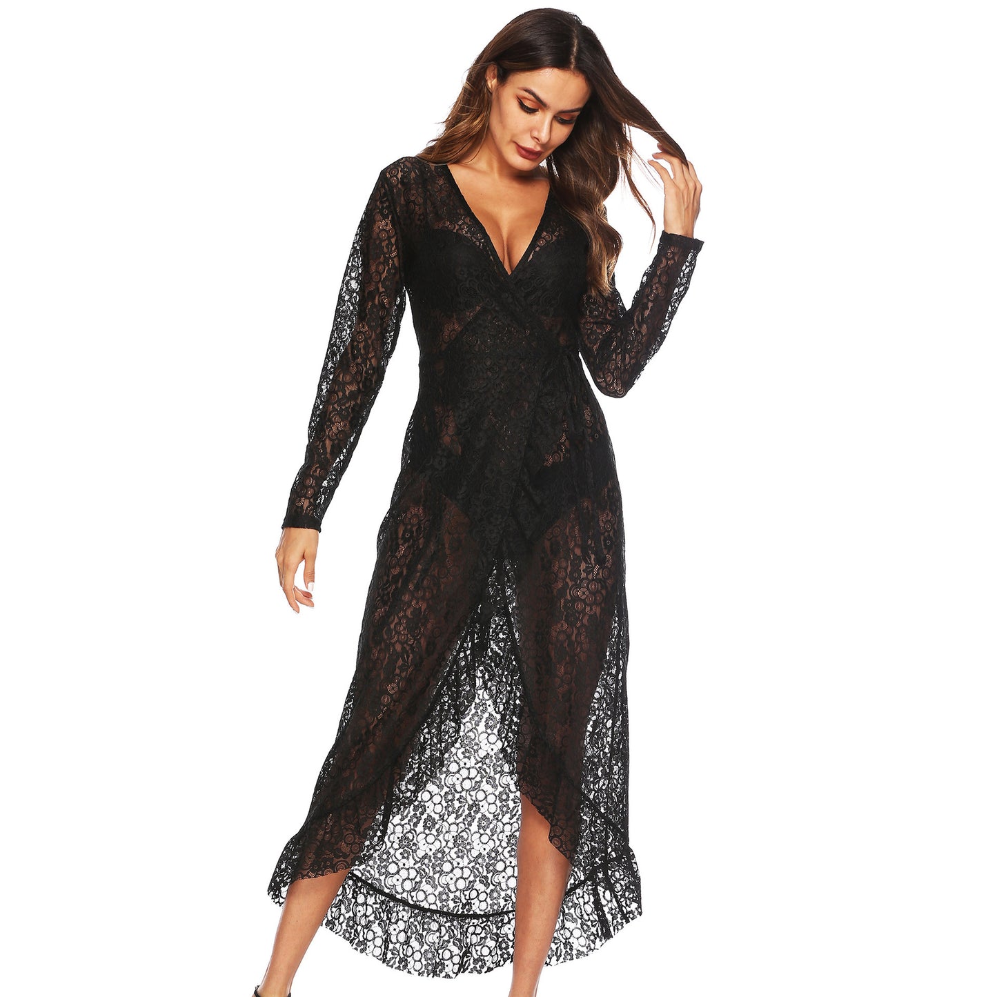 Sexy See-through Lace Irregular Ruffles Dress