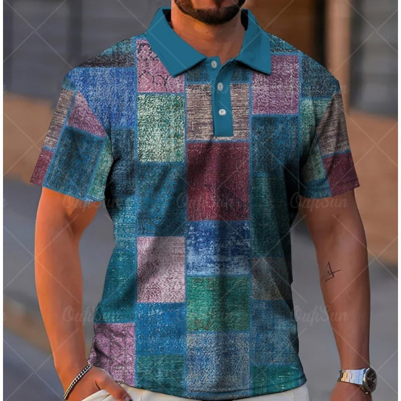 Men's Button Polo Shirt Plaid Lapel T-Shirt