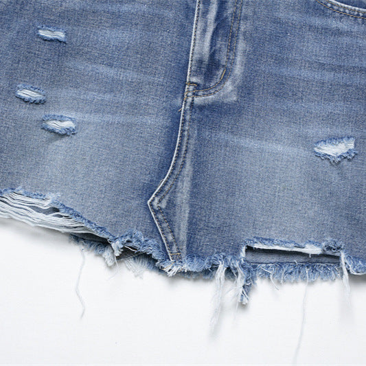 American Style Fashion Simple Hole Denim Mini Jeans