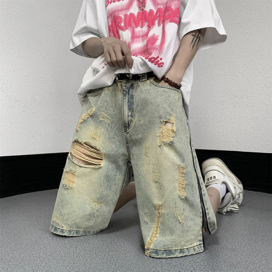 Men's Mud Ripped Denim Shorts Loose Jeans
