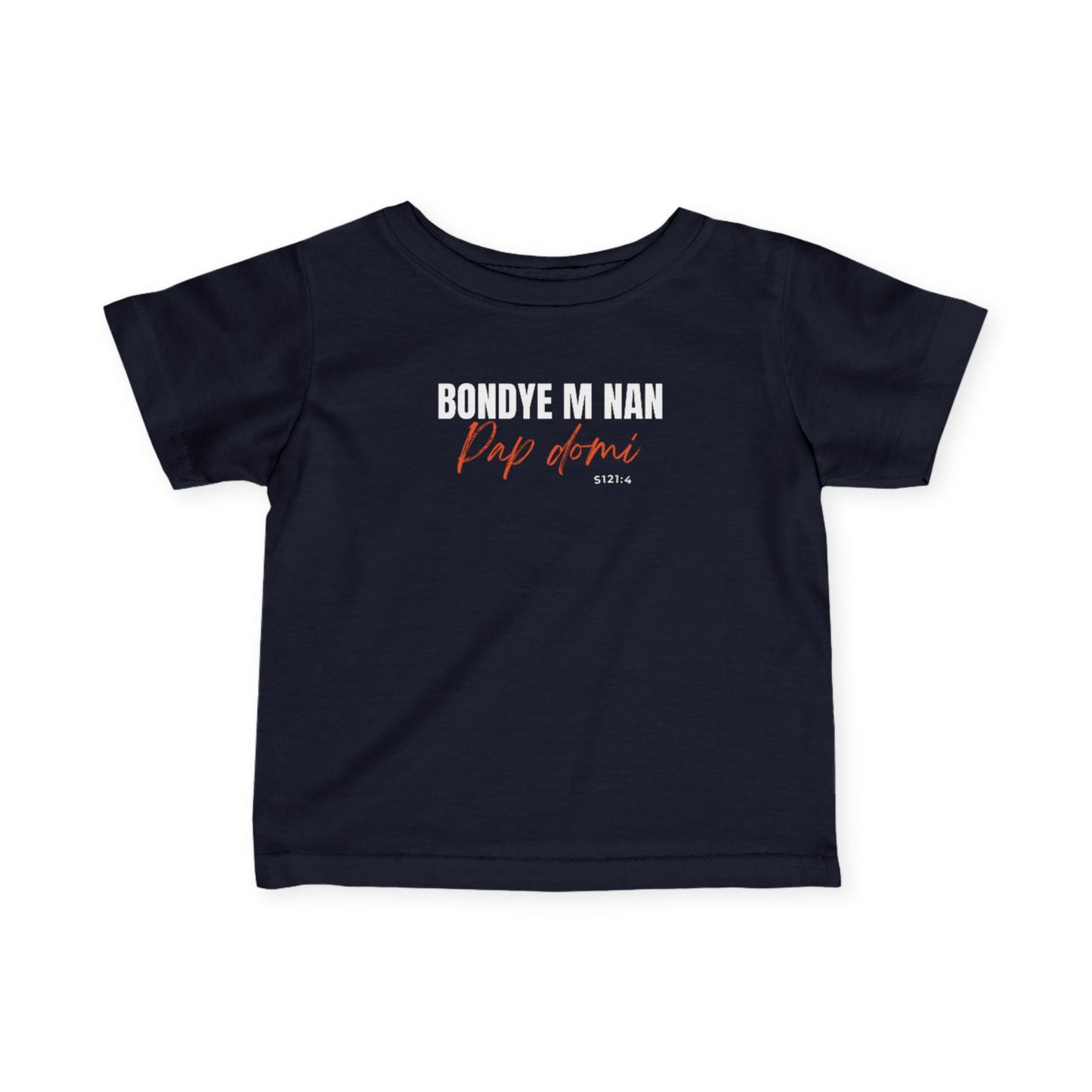 navy blue t-shirt with white and red text on a white background