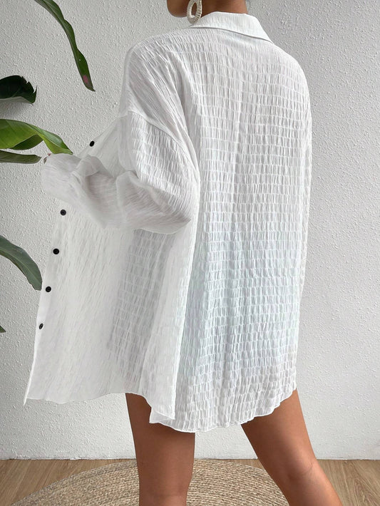 Women's Drop Shoulder Button Front, Long Sleeve Tops