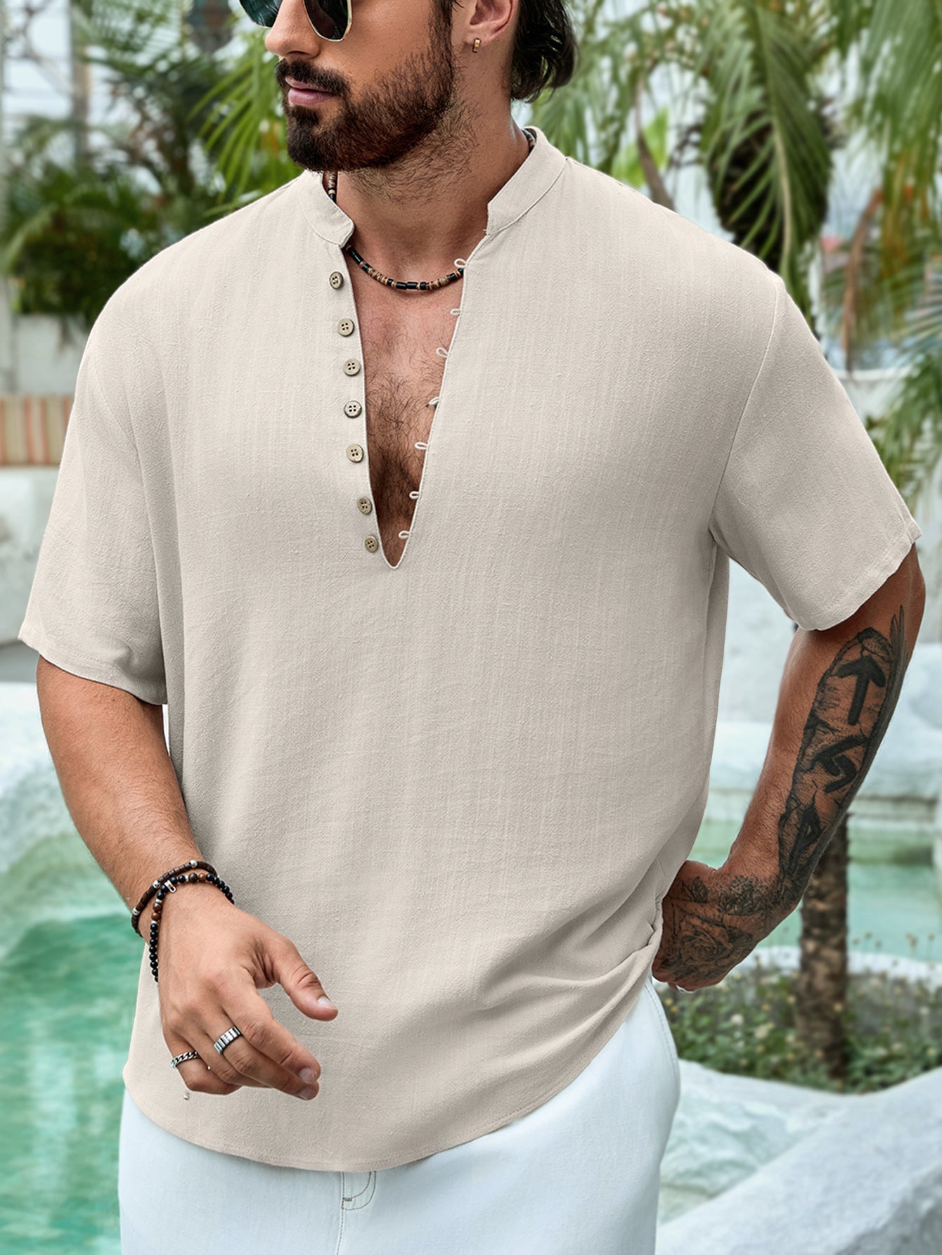 Deep V-neck Multi-button Cotton And Linen T-Shirt